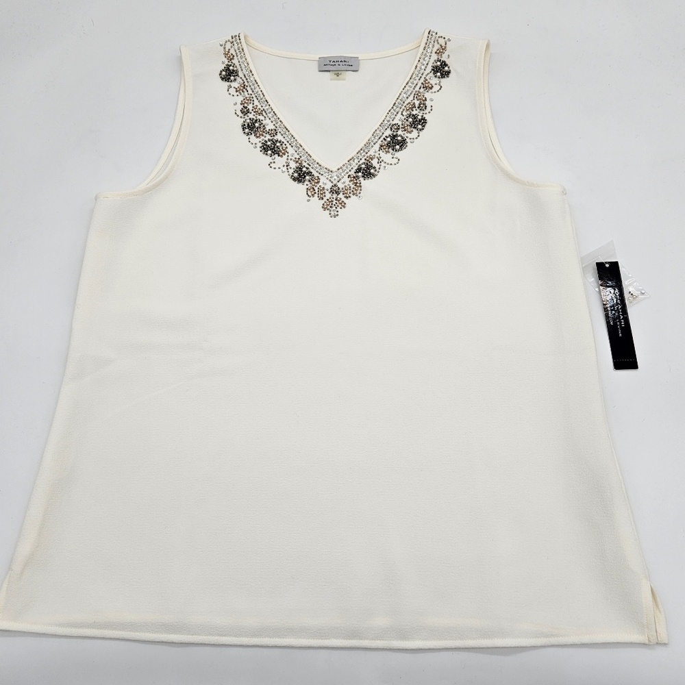 NWT Tahari (Arthur S. Levine) Ivory Beaded Tank Top V-Neck Medium